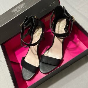 Vince Camuto "Magner" Black Leather Ankle‎ Strap Stiletto Heels Sandals 9M